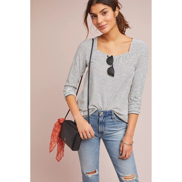 Anthropologie Tops - Anthropologie MaEve Kenley Mini Pleats Neckline Stripe Long Sleeve Top M